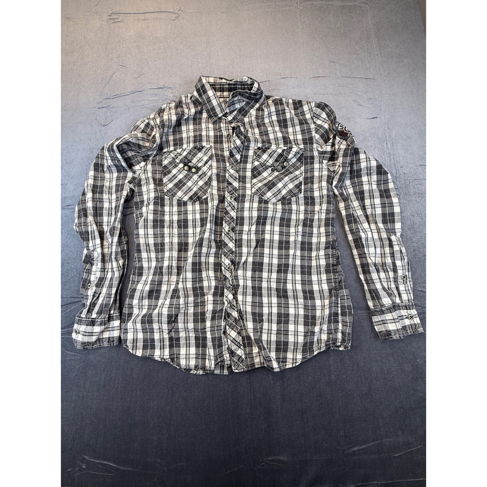 Affliction Black Premium Plaid Button Up Men's Xl Gray Embroidered Skull Biker